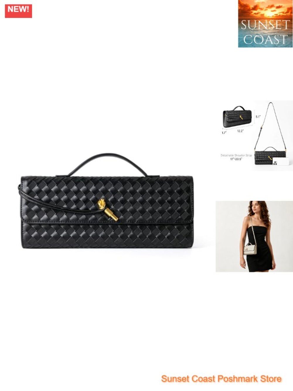 Woven Vegan Leather & Suede Evening Clutch Crossbody Bag with Adjustable Strap